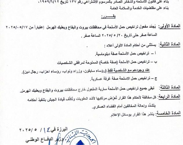تجميد مفعول تراخيص حمل الاسلحة