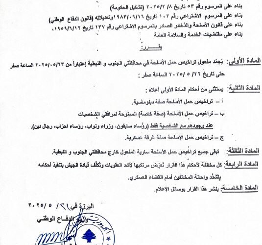 تجميد مفهول تراخيص حمل الاسلحة
